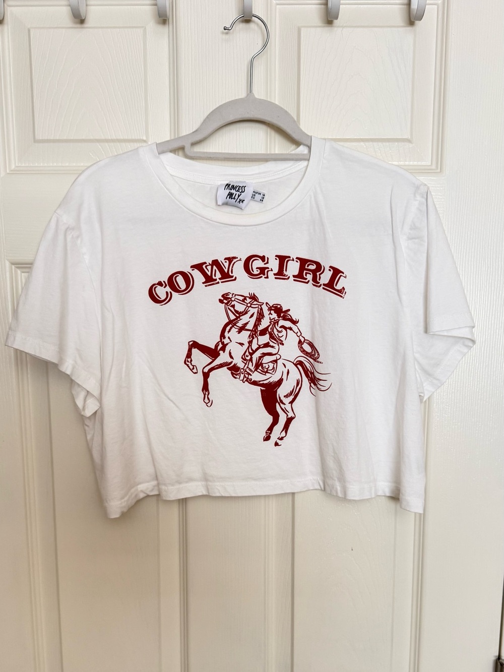 Princess Polly White Crop Tee with Red 'Cowgirl' Graphic